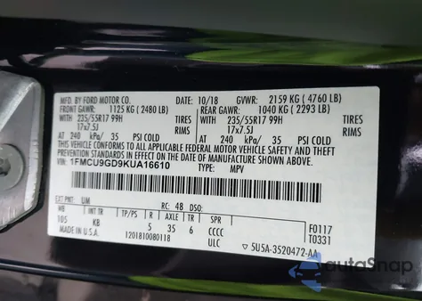 2019 Ford Escape Se from USA, damaged, VIN 1FMCU9GD9KUA16610